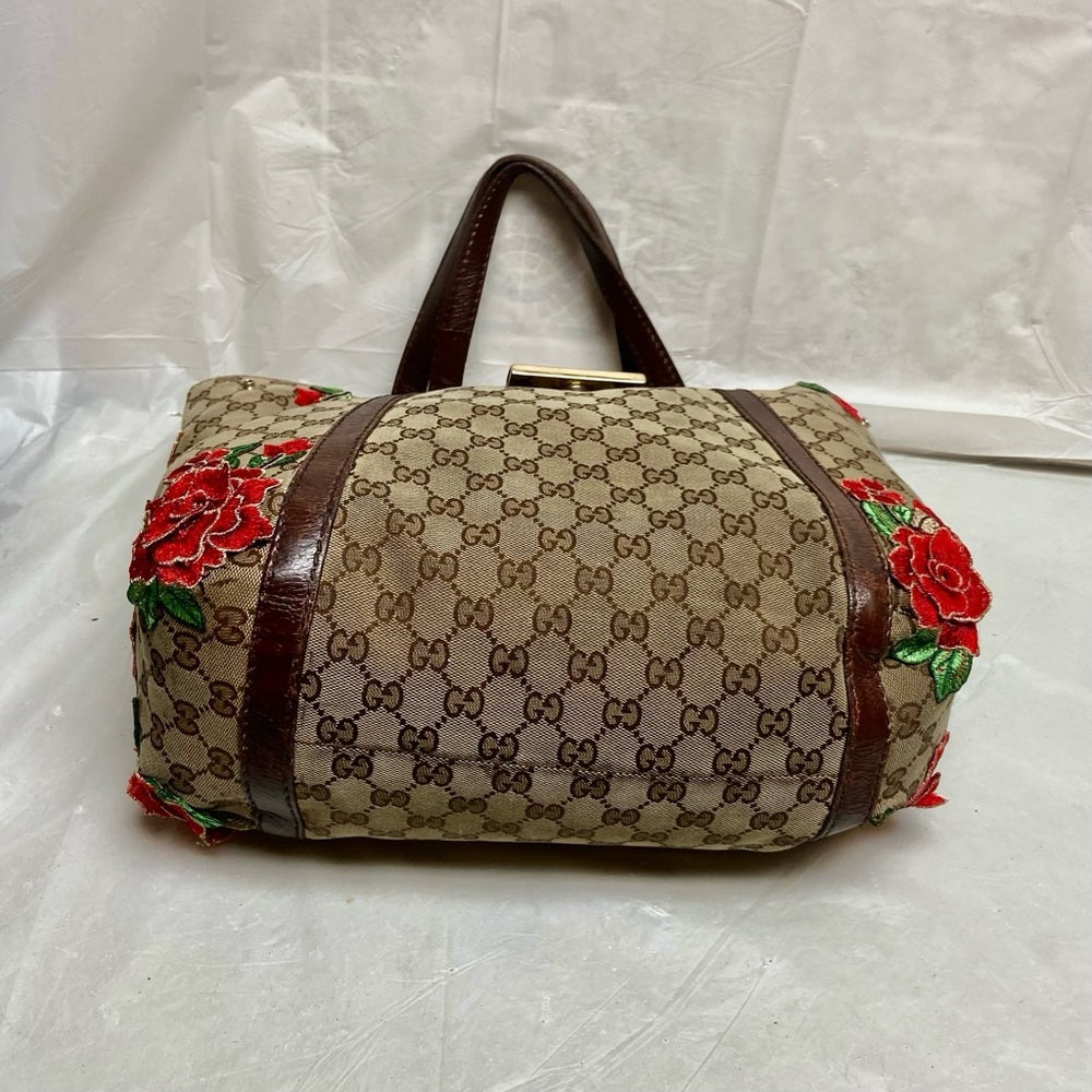 Vintage, Gucci, Sherry-line GG Coated Canvas with Red Floral Handbag 12inx12inx5