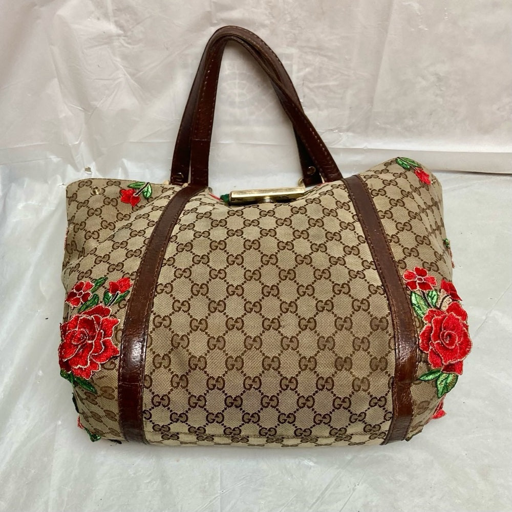 Vintage, Gucci, Sherry-line GG Coated Canvas with Red Floral Handbag 12inx12inx5