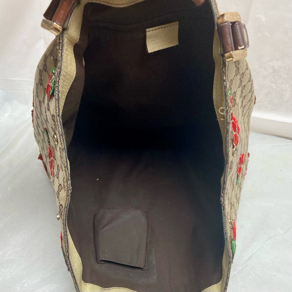 Vintage, Gucci, Sherry-line GG Coated Canvas with Red Floral Handbag 12inx12inx5