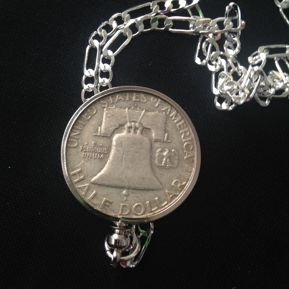 1958 Silver Half Dollar Coin, 18in 925 Chain