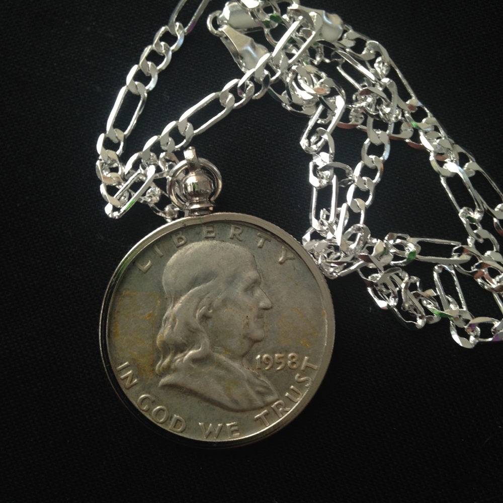 1958 Silver Half Dollar Coin, 18in 925 Chain
