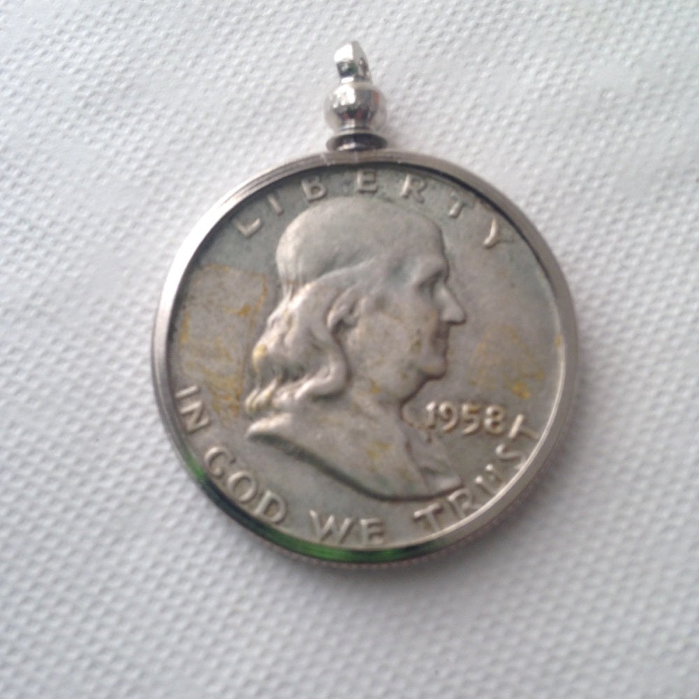 1958 Silver Half Dollar Coin, 18in 925 Chain
