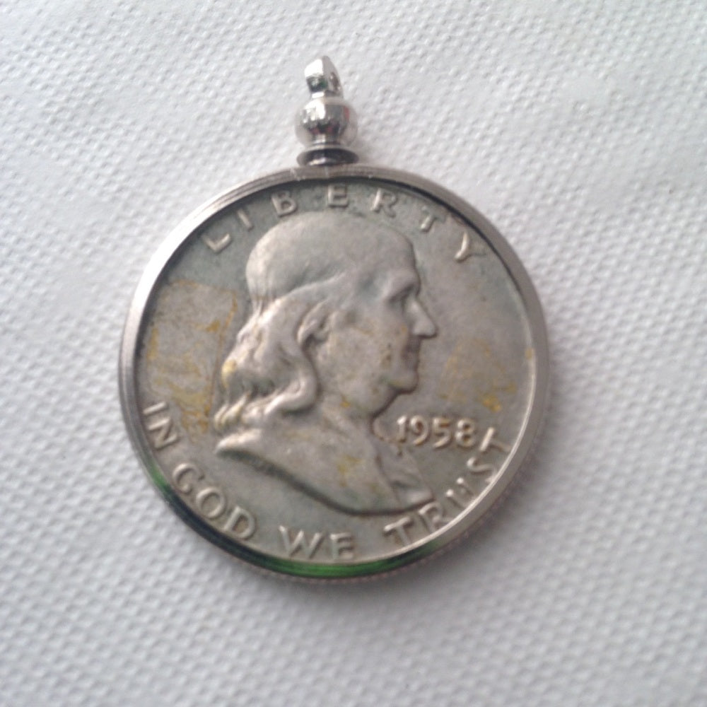 1958 Silver Half Dollar Coin, 18in 925 Chain