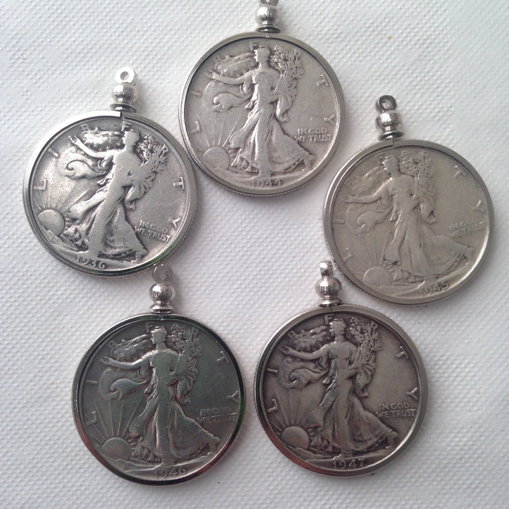 1958 Silver Half Dollar Coin, 18in 925 Chain