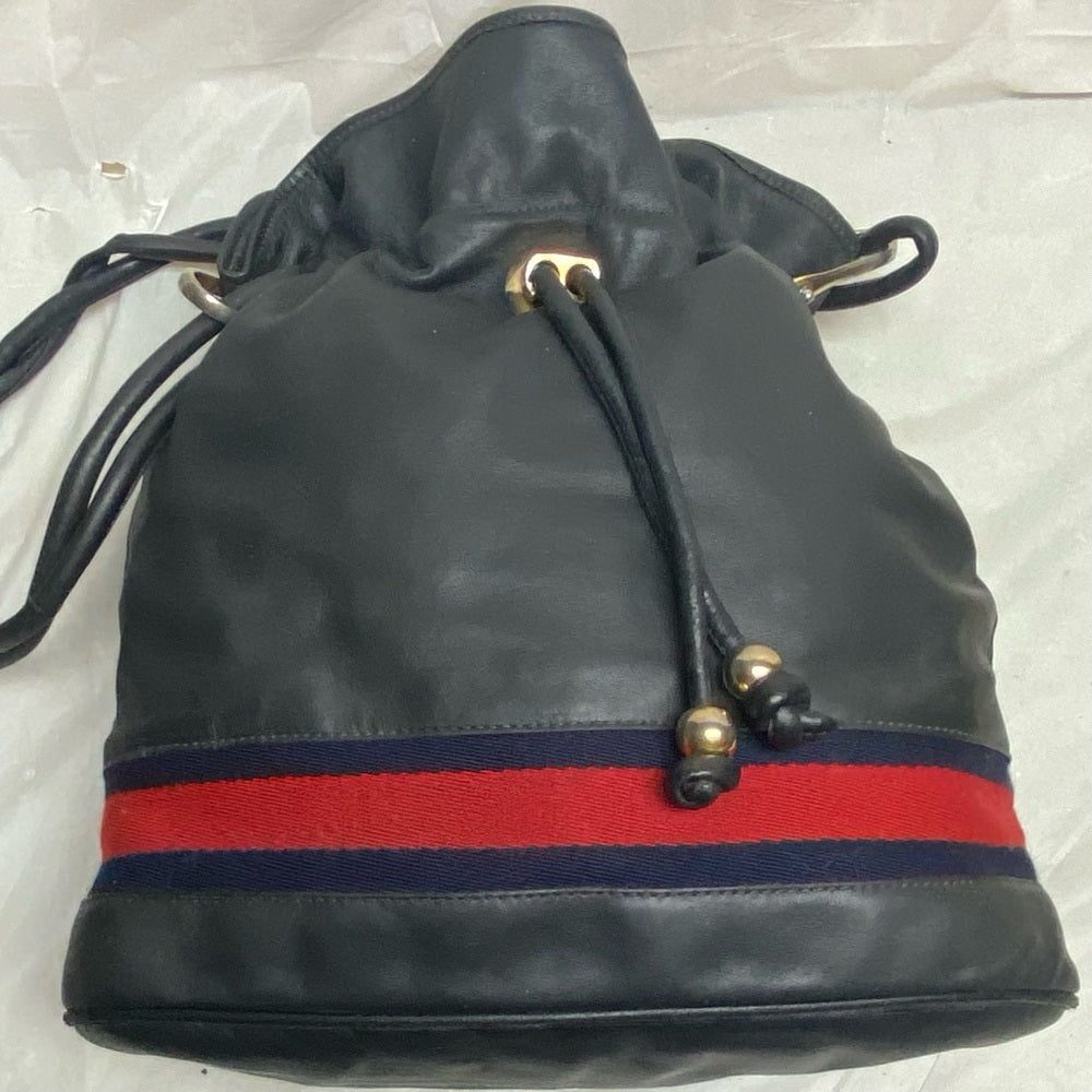 Vintage Gucci Rare Sherry line Blue-Black Drawstring Leather Shoulder Bag