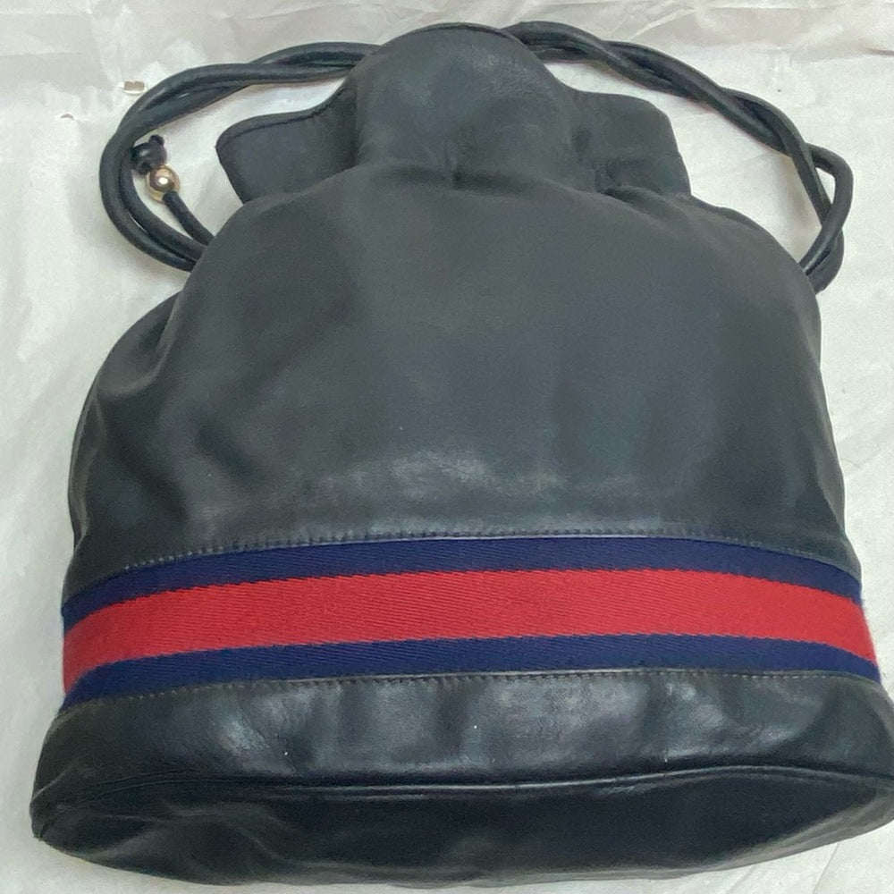 Vintage Gucci Rare Sherry line Blue-Black Drawstring Leather Shoulder Bag