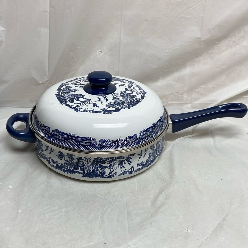 Heritage Mint, Blue Willow, Enamel, Large, Skillet with Lid 6in x 18in x 10in
