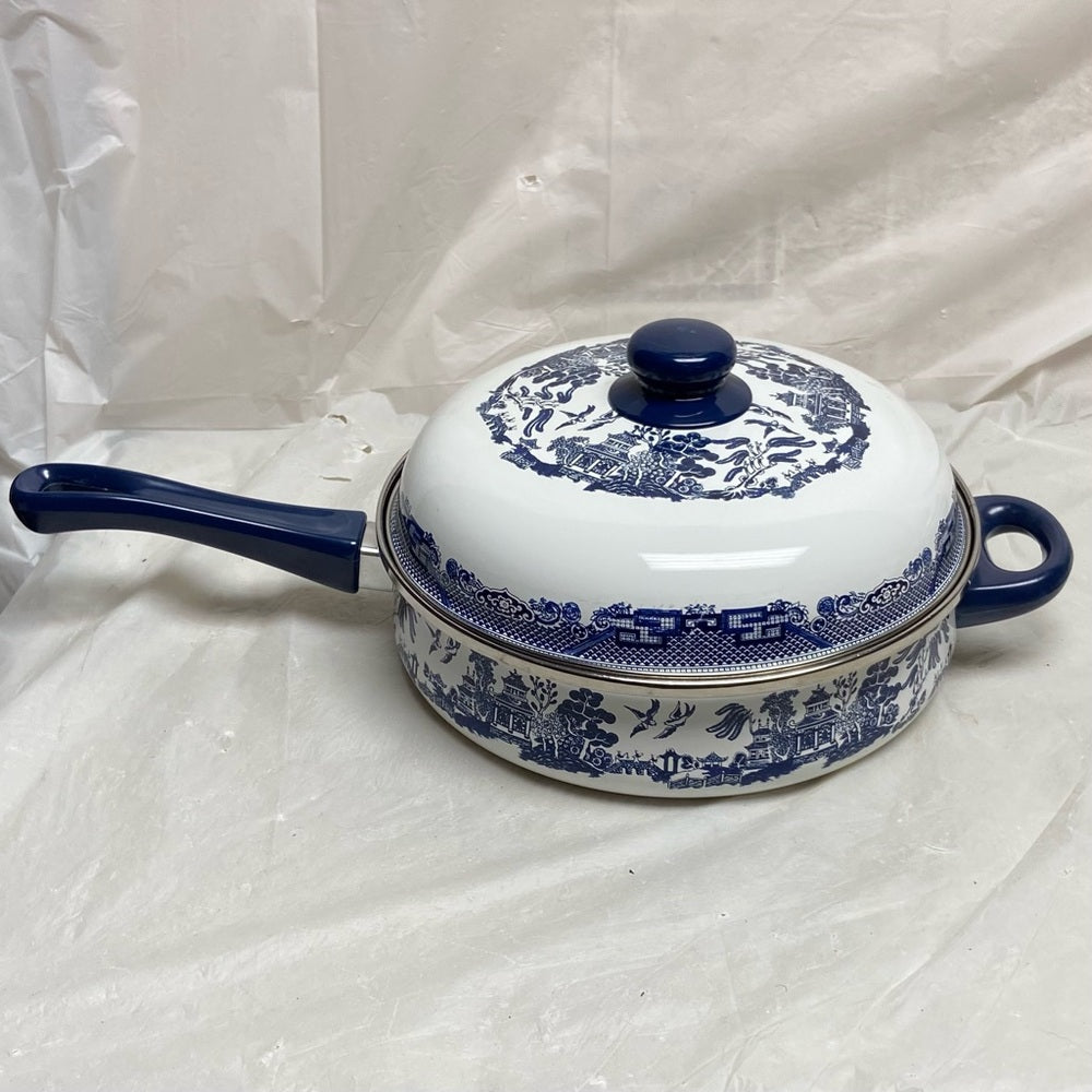 Heritage Mint, Blue Willow, Enamel, Large, Skillet with Lid 6in x 18in x 10in