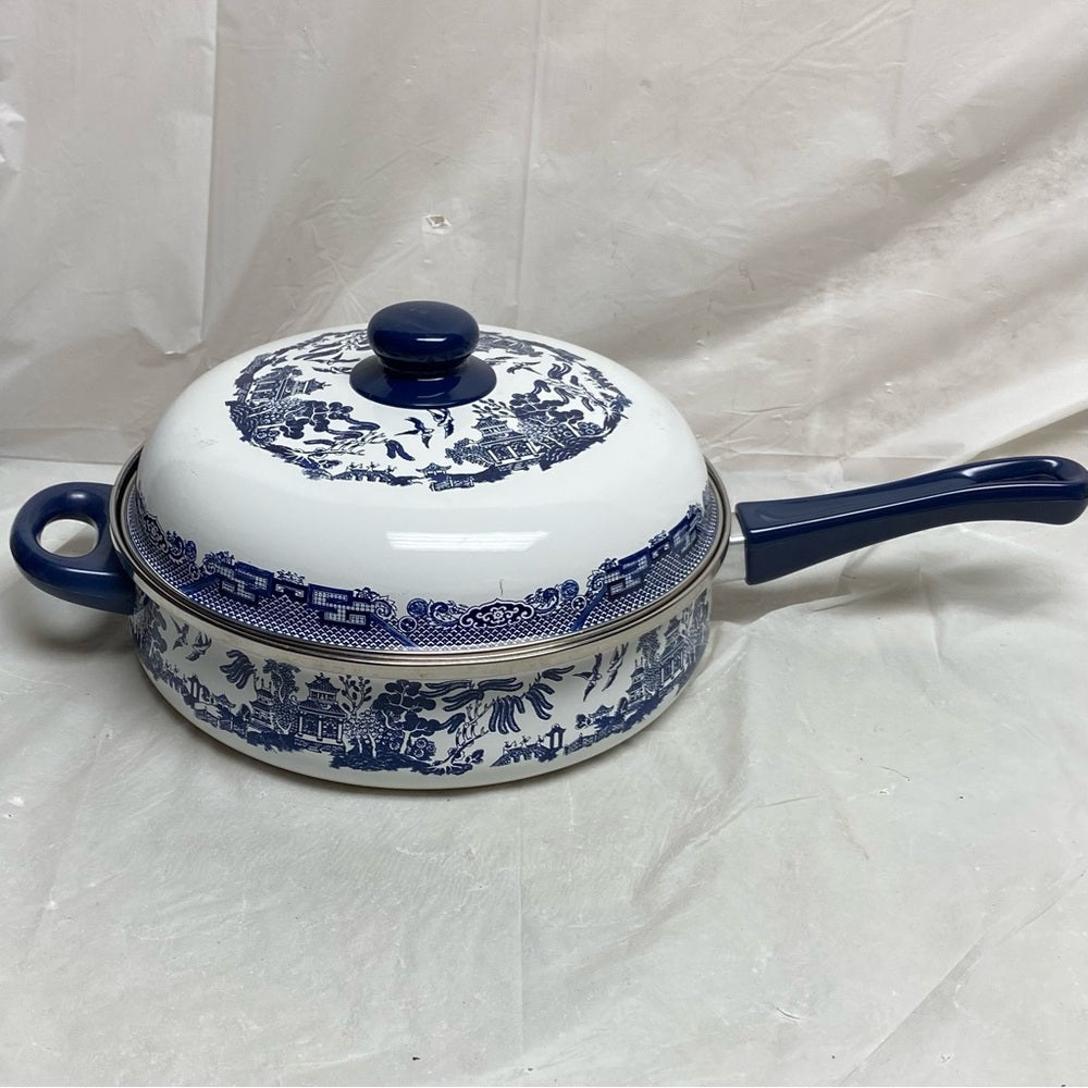 Heritage Mint, Blue Willow, Enamel, Large, Skillet with Lid 6in x 18in x 10in