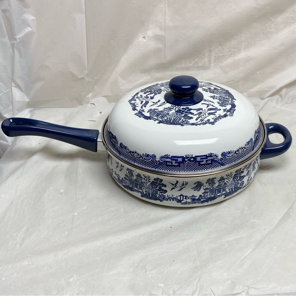 Heritage Mint, Blue Willow, Enamel, Large, Skillet with Lid 6in x 18in x 10in