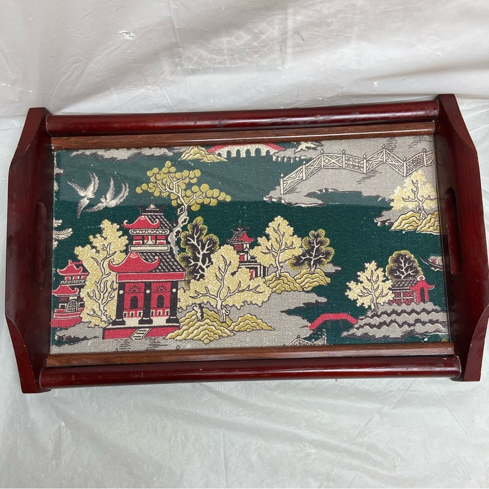 Vintage, Rare Polychrome Blue Willow Serving Tray- 17.5in c 12in x 2.5in