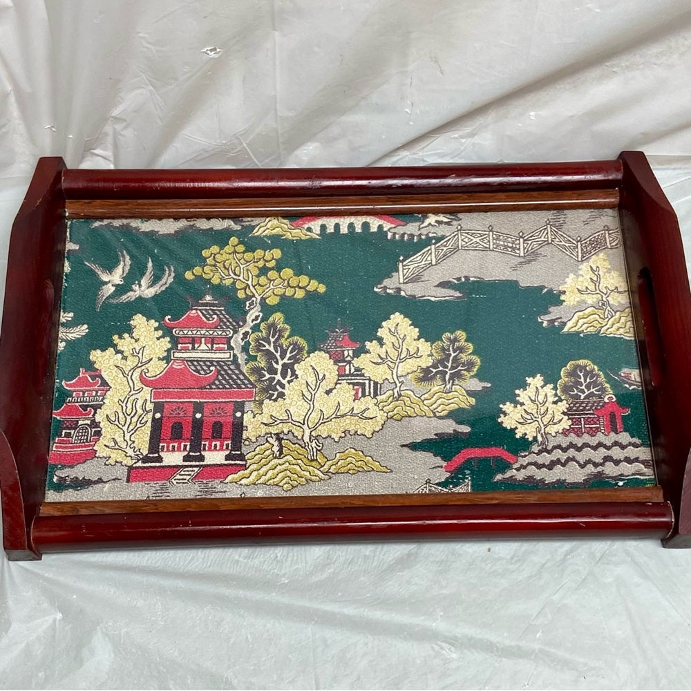 Vintage, Rare Polychrome Blue Willow Serving Tray- 17.5in c 12in x 2.5in
