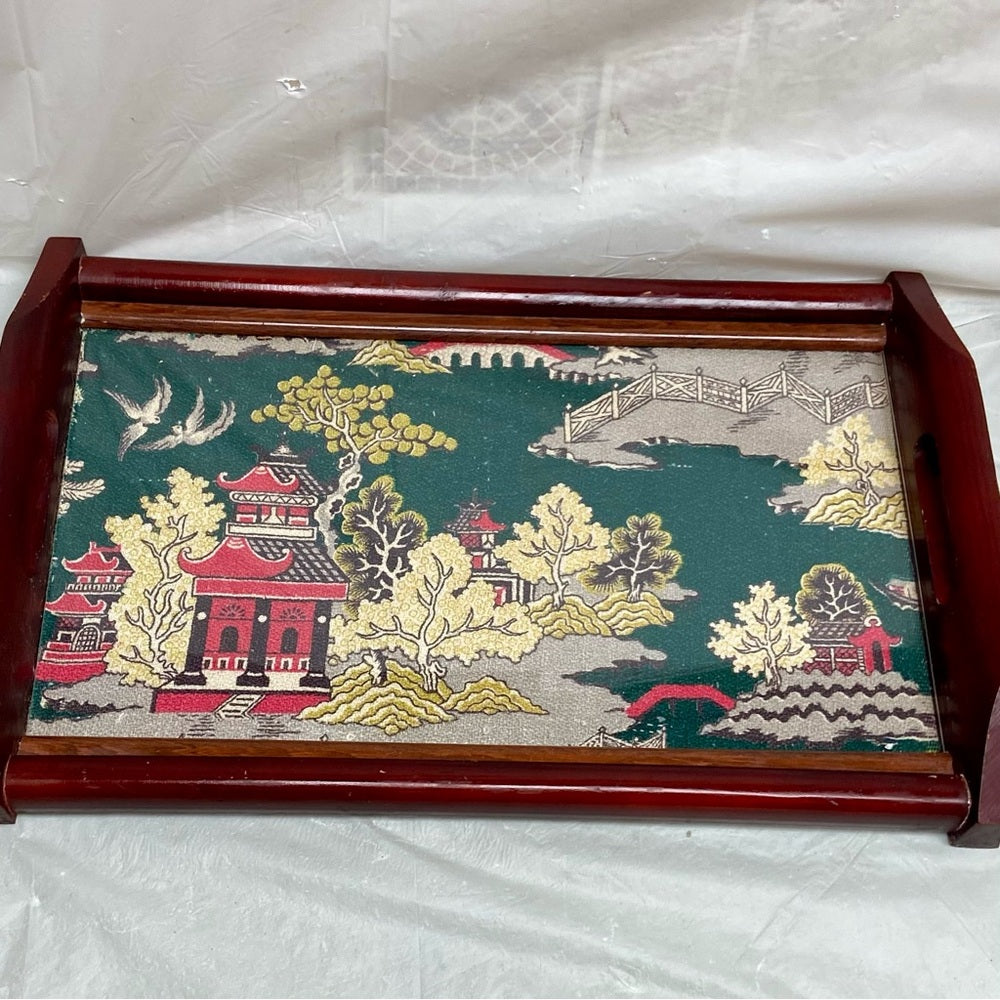 Vintage, Rare Polychrome Blue Willow Serving Tray- 17.5in c 12in x 2.5in