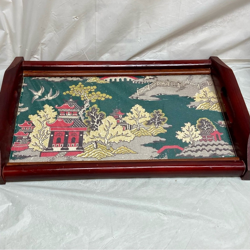 Vintage, Rare Polychrome Blue Willow Serving Tray- 17.5in c 12in x 2.5in