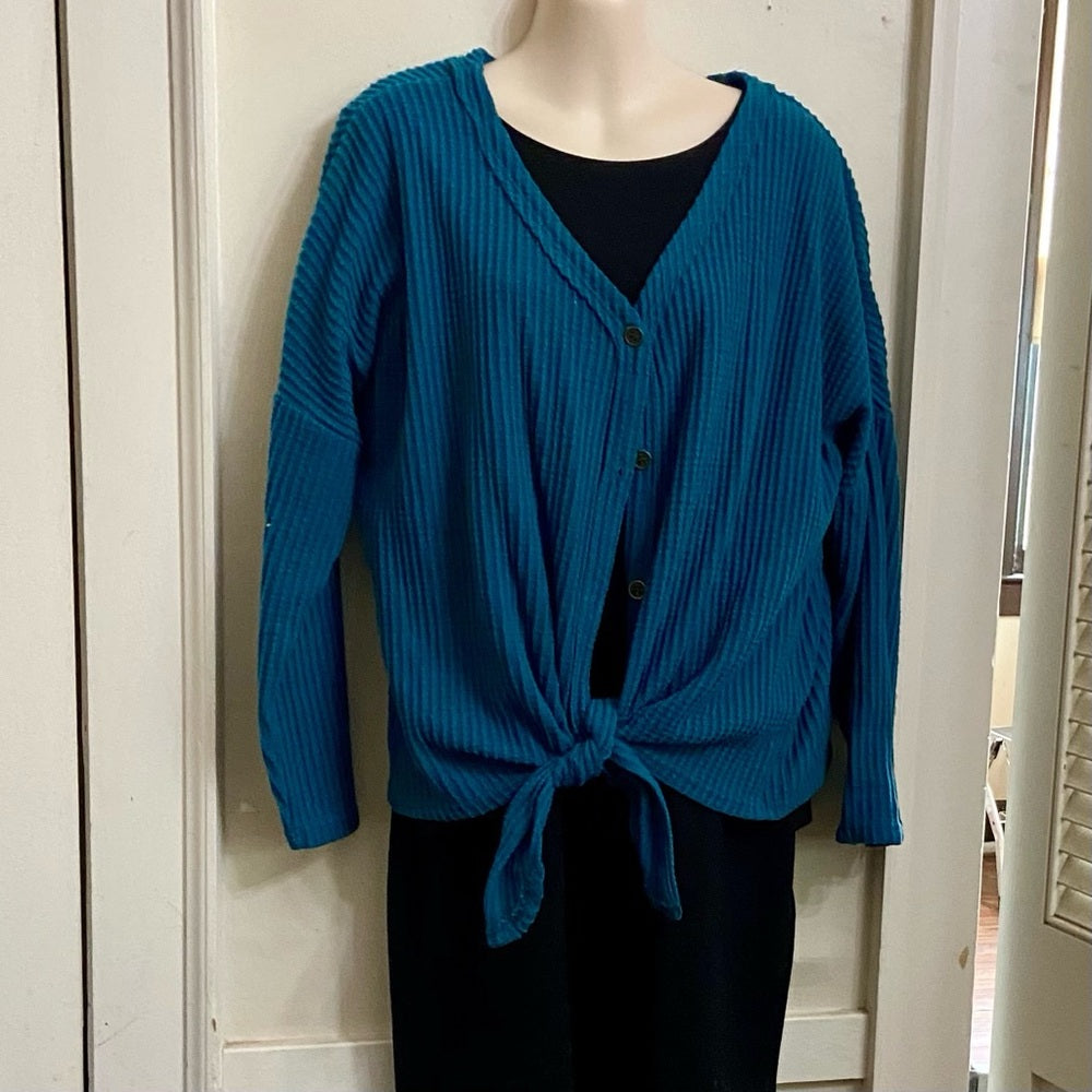 Jack & Avery Teal Blue Knotted Top, Sweater-Cardigan (L)