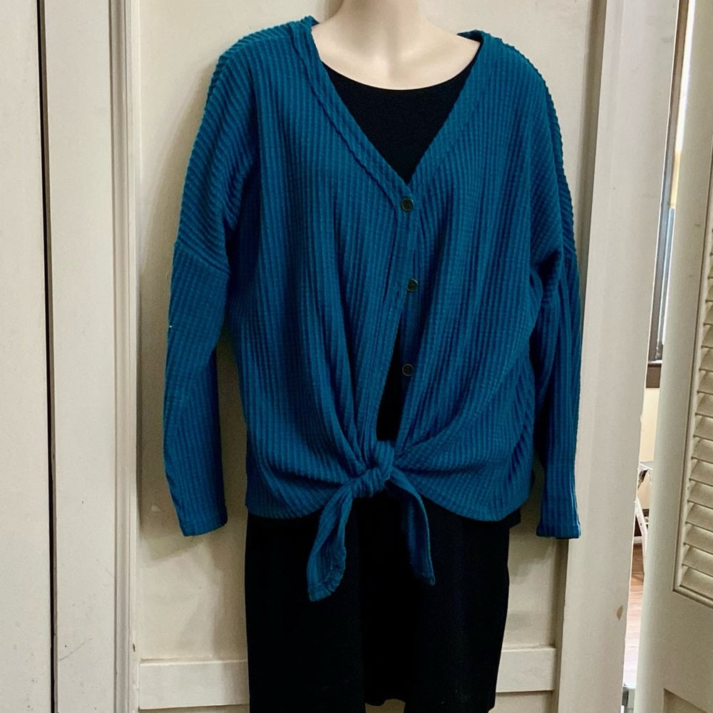 Jack & Avery Teal Blue Knotted Top, Sweater-Cardigan (L)