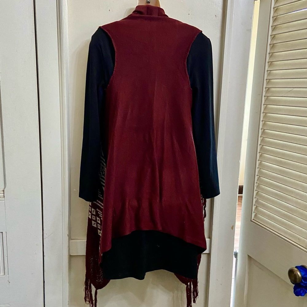 Hippie Rose, Burgundy White Waterfall Vest -Sweater Cardigan (XS-L)
