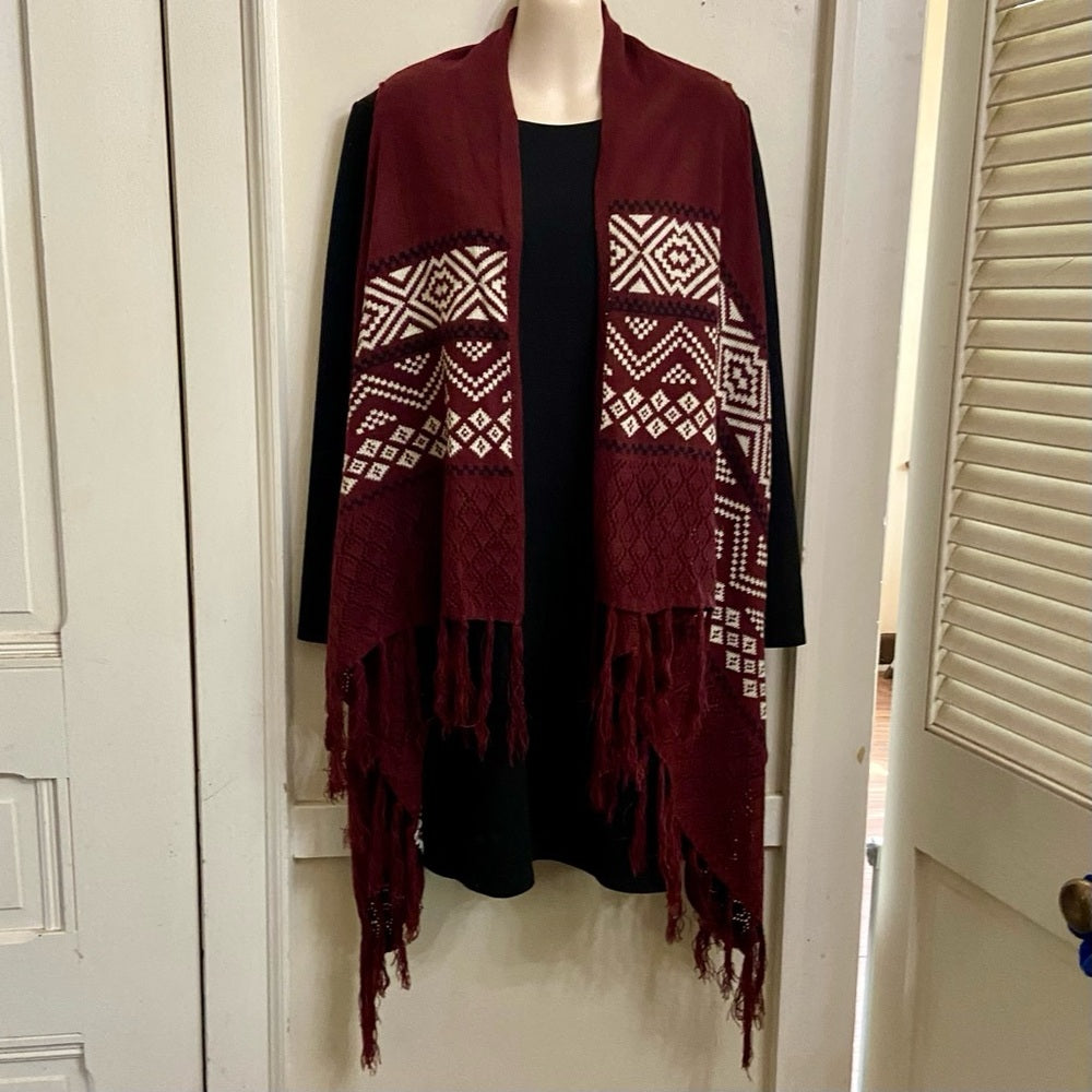 Hippie Rose, Burgundy White Waterfall Vest -Sweater Cardigan (XS-L)