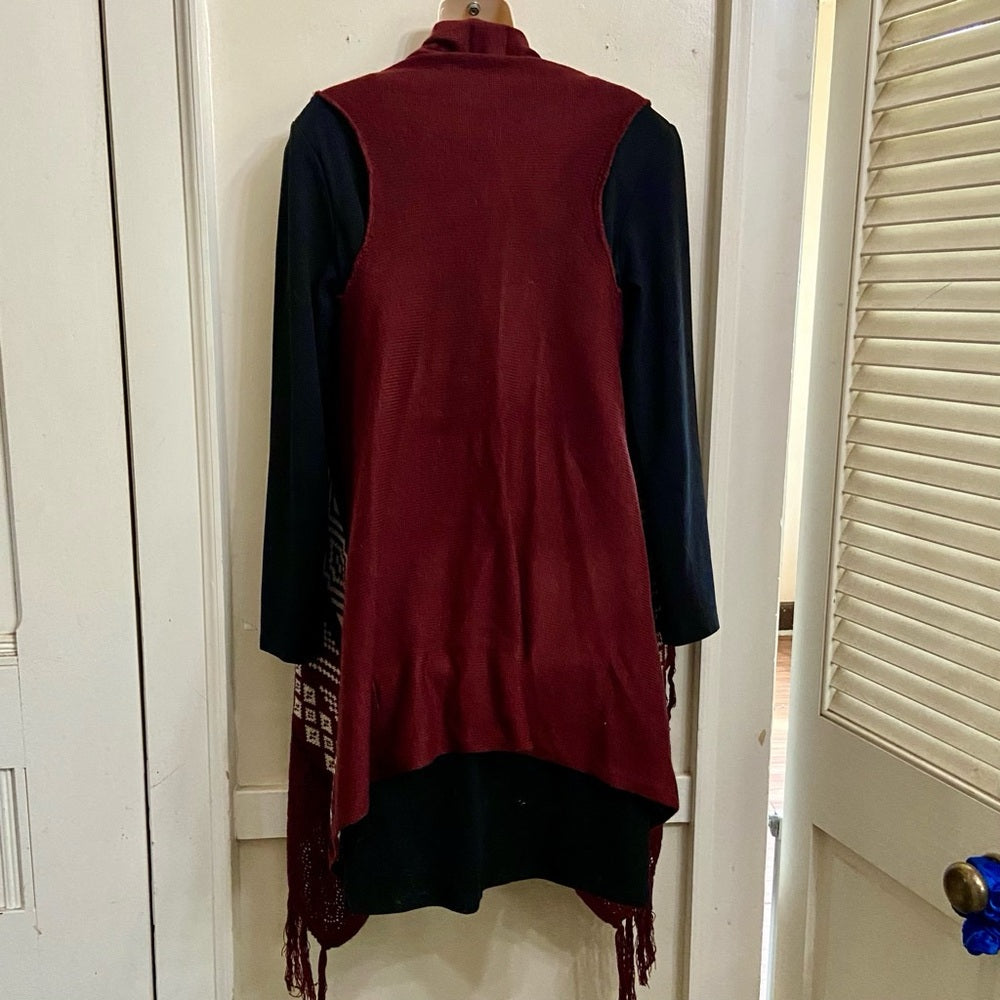 Hippie Rose, Burgundy White Waterfall Vest -Sweater Cardigan (XS-L)