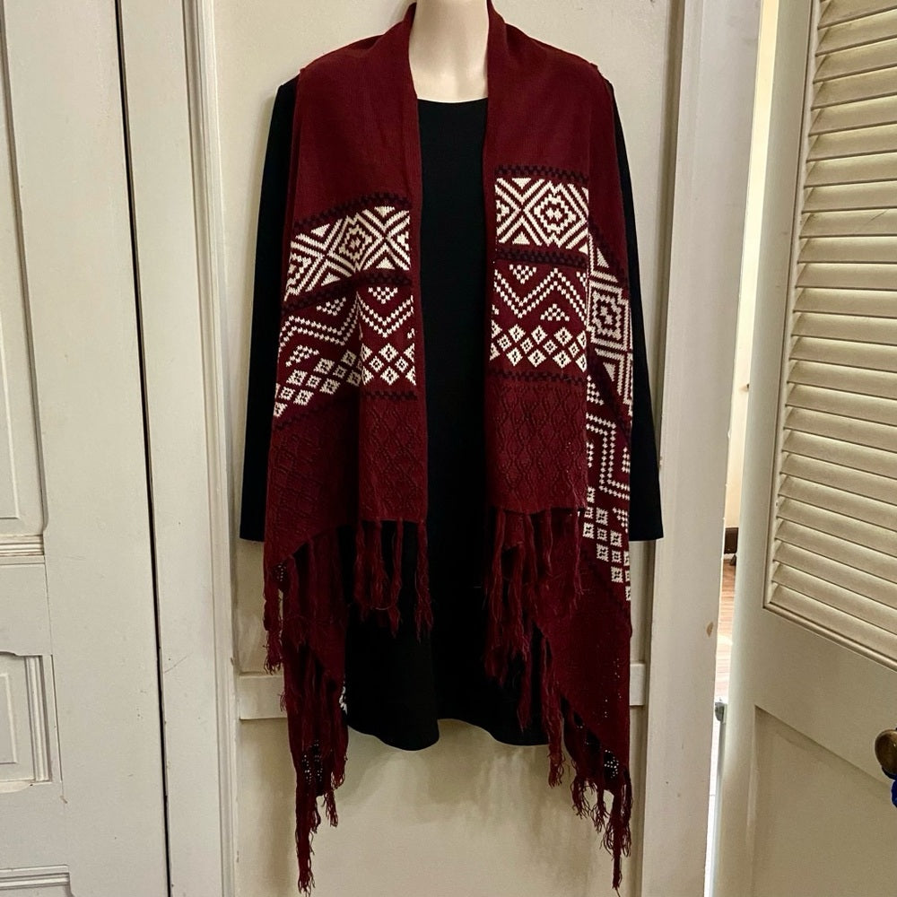 Hippie Rose, Burgundy White Waterfall Vest -Sweater Cardigan (XS-L)