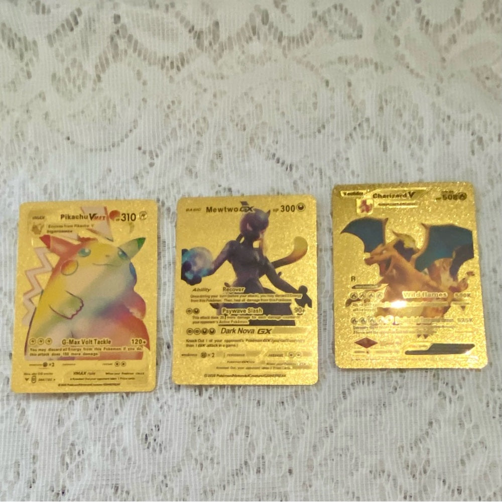 Lot (N) : 3 Pokemon Reverse Holo Cards and 3 Pokemon Gold Fan Arts