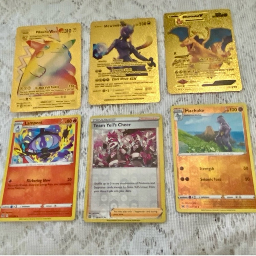 Lot (N) : 3 Pokemon Reverse Holo Cards and 3 Pokemon Gold Fan Arts
