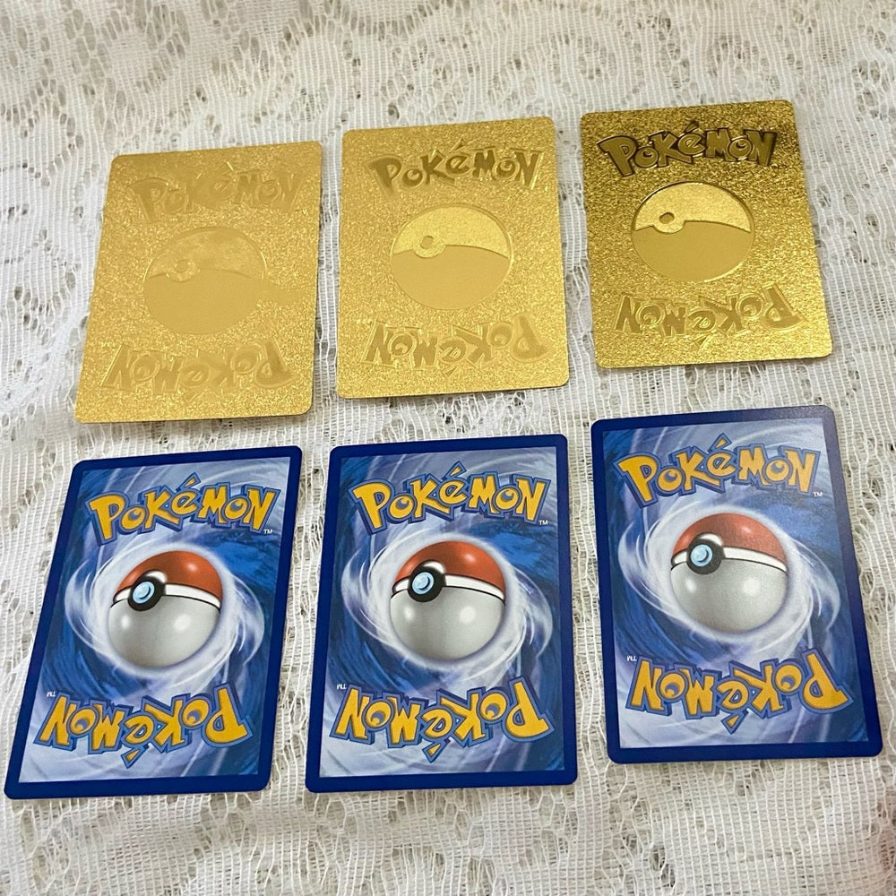 Lot (O): 3 Pokemon Reverse Holo Cards and 3 Pokemon Gold Fan Arts