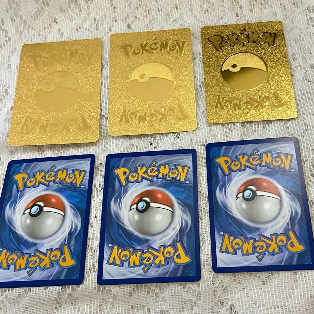 Lot (O): 3 Pokemon Reverse Holo Cards and 3 Pokemon Gold Fan Arts