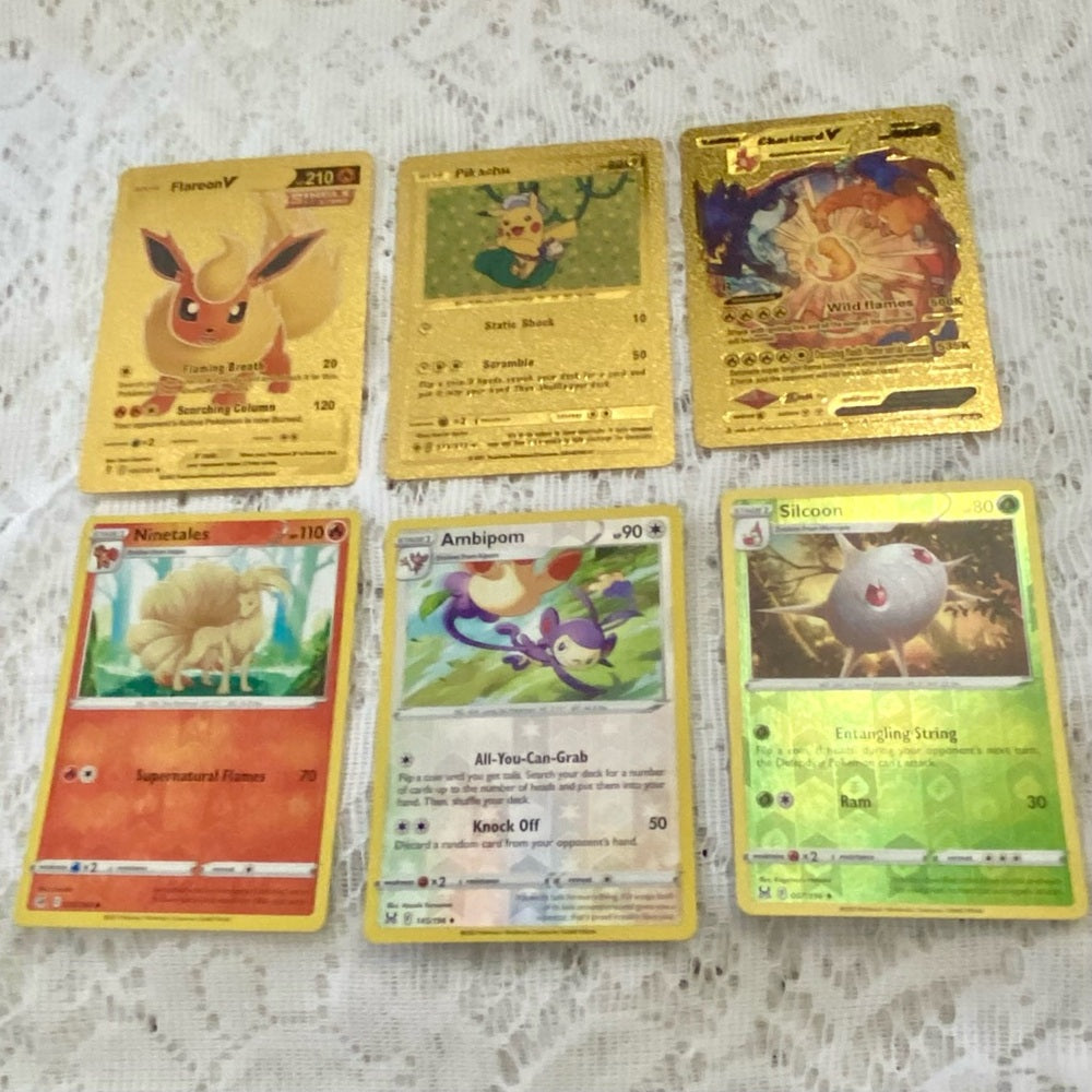 Lot (O): 3 Pokemon Reverse Holo Cards and 3 Pokemon Gold Fan Arts