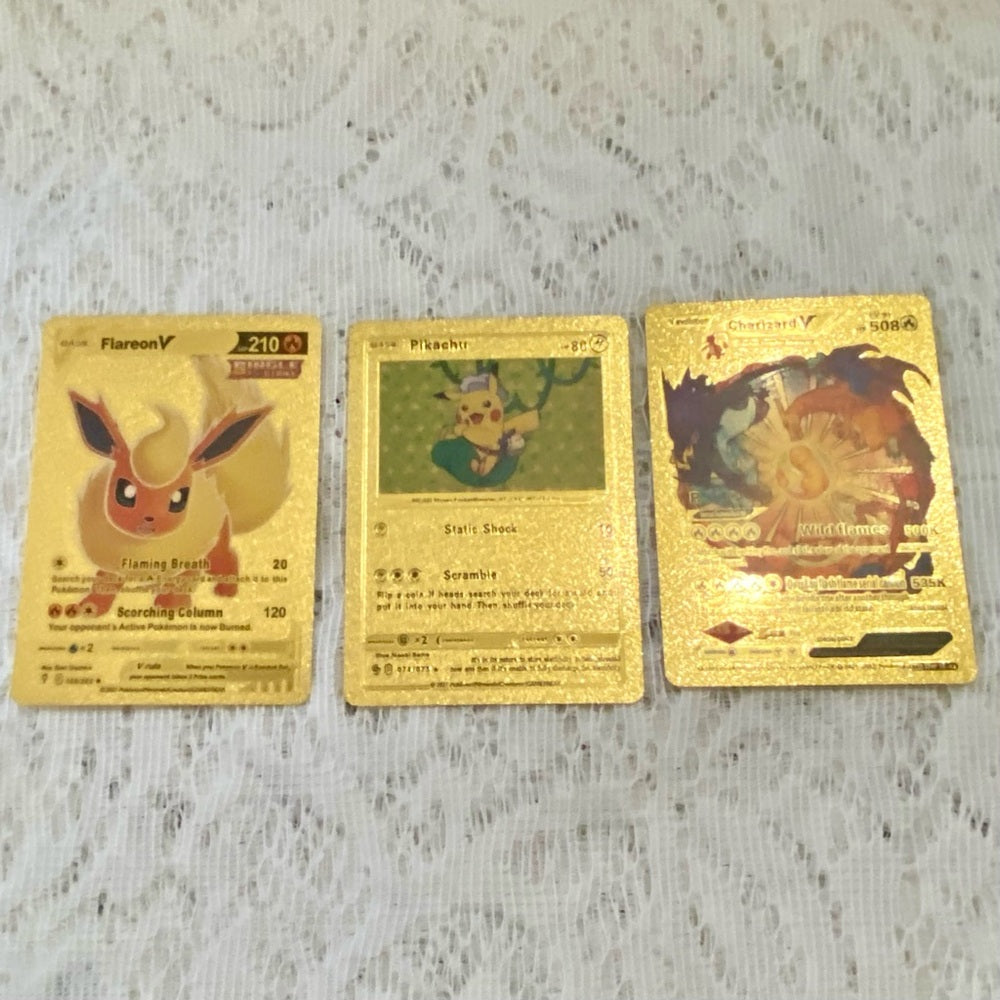 Lot (O): 3 Pokemon Reverse Holo Cards and 3 Pokemon Gold Fan Arts