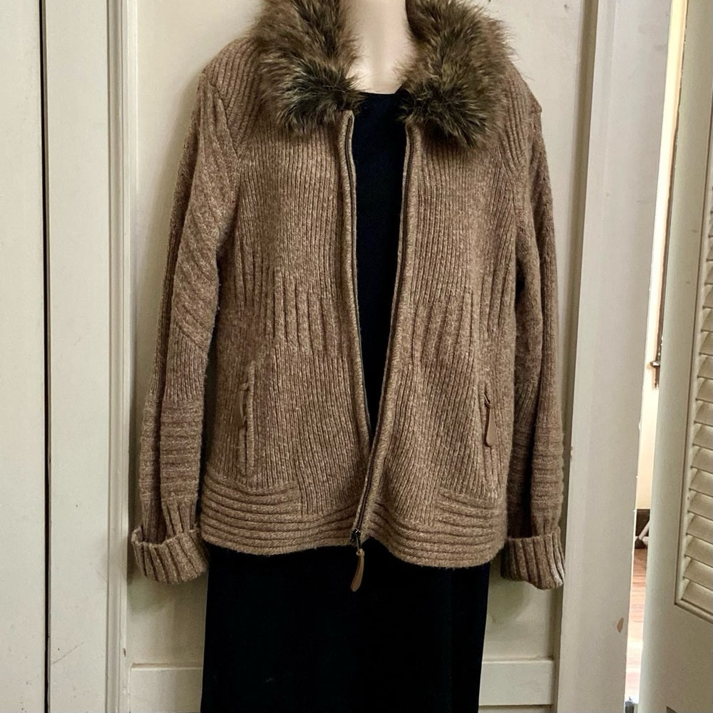 Cynthia Rowley Brown Knitted Sweater Cardigan with Fur Collar (L-XL)