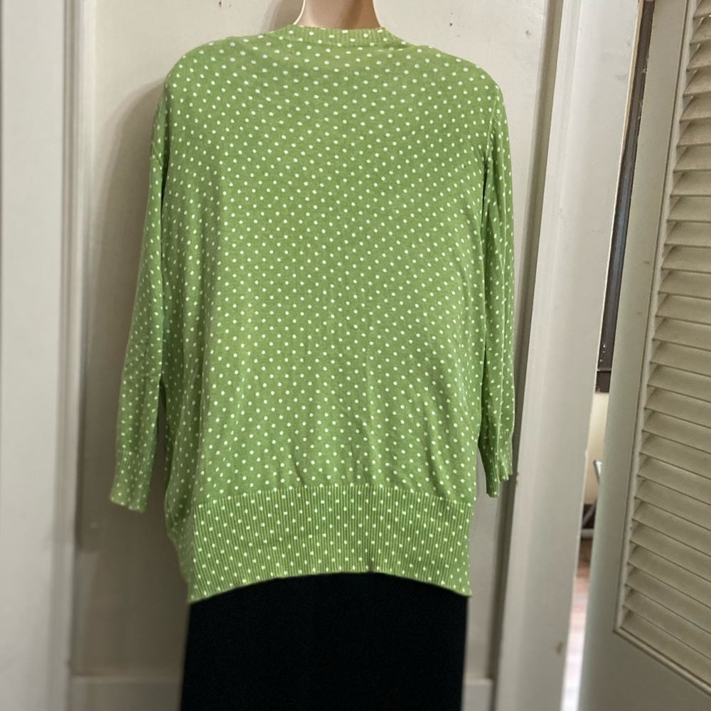 Cherokee Apple Green and White Polka Dot Sweater Cardigan (L)