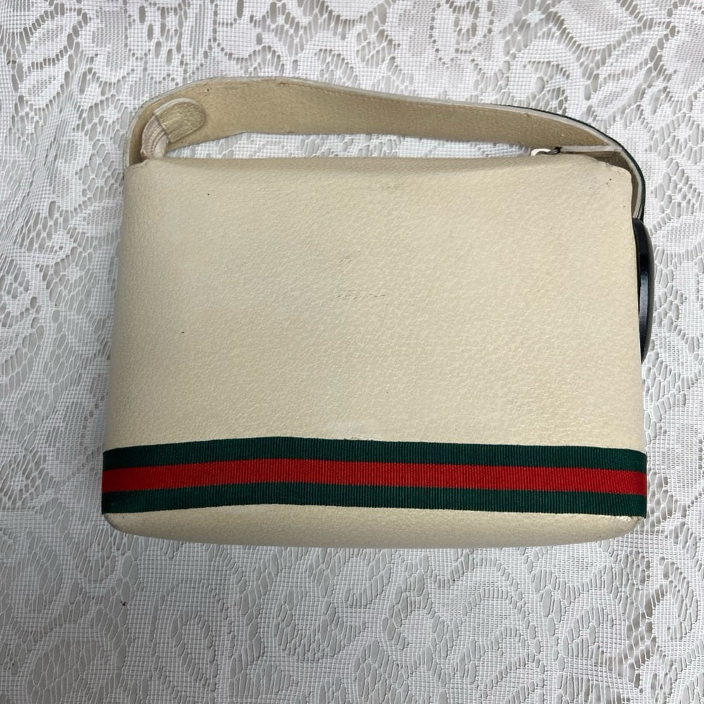 Vintage, Gucci, Small Cream Leather w/ Sherry Line Strap Handbag 9in x 6in x 3in