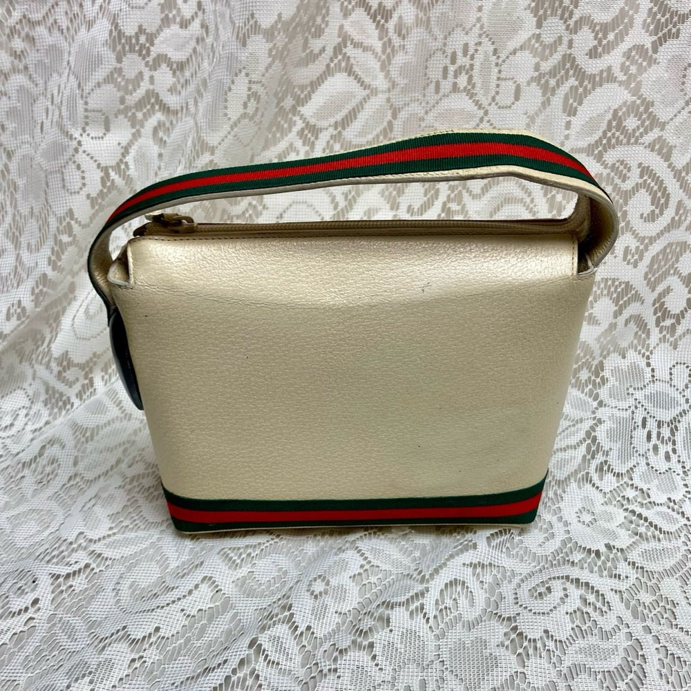 Vintage, Gucci, Small Cream Leather w/ Sherry Line Strap Handbag 9in x 6in x 3in