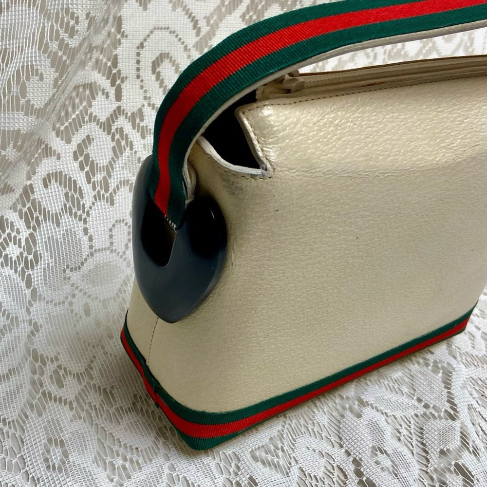 Vintage, Gucci, Small Cream Leather w/ Sherry Line Strap Handbag 9in x 6in x 3in
