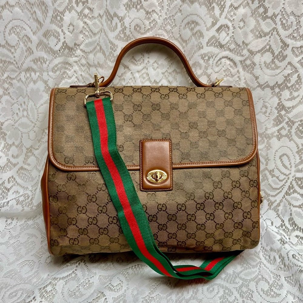 Vintage Gucci Brown Coated Canvas Laptop Document -Briefcase Bag 12inx11inx5in