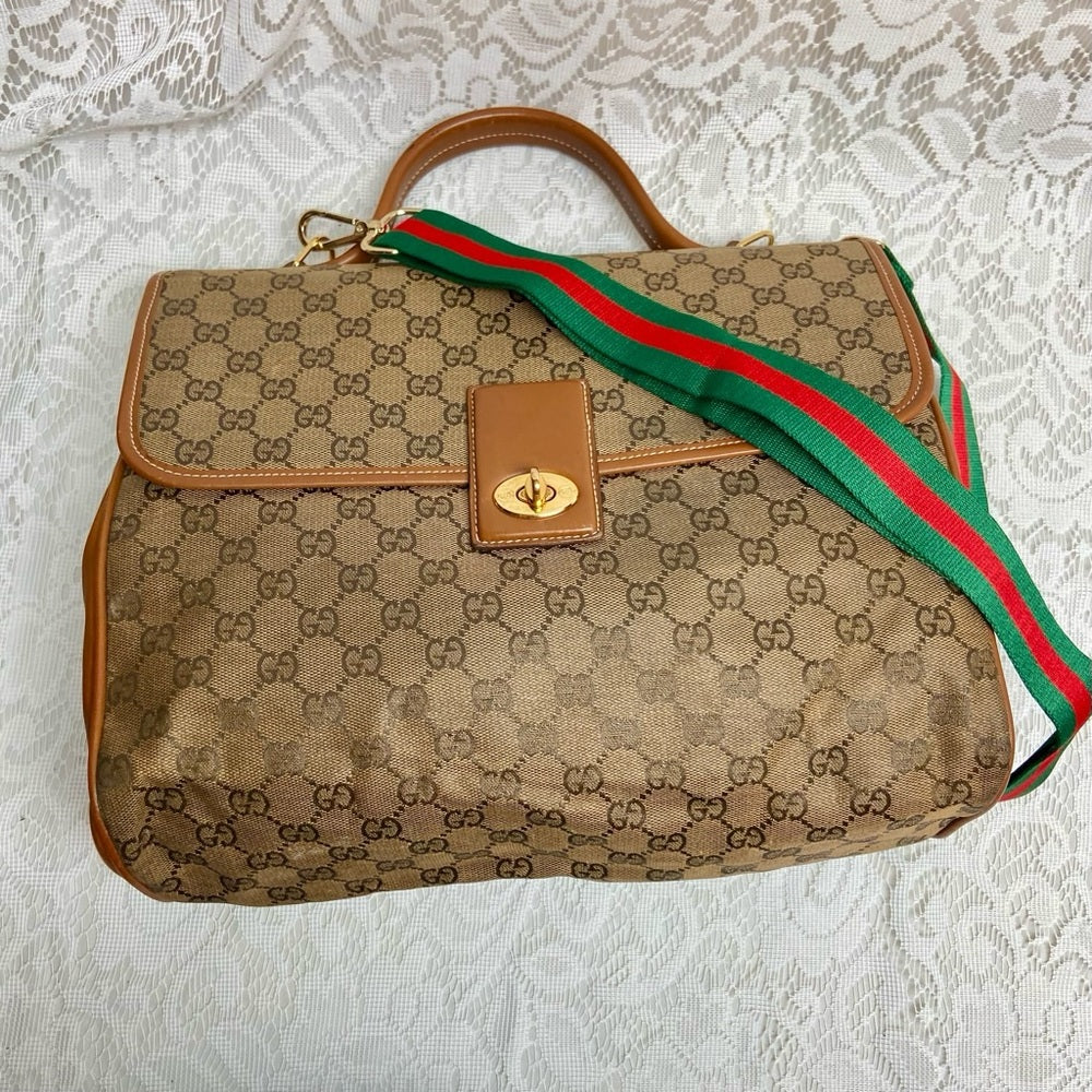 Vintage Gucci Brown Coated Canvas Laptop Document -Briefcase Bag 12inx11inx5in