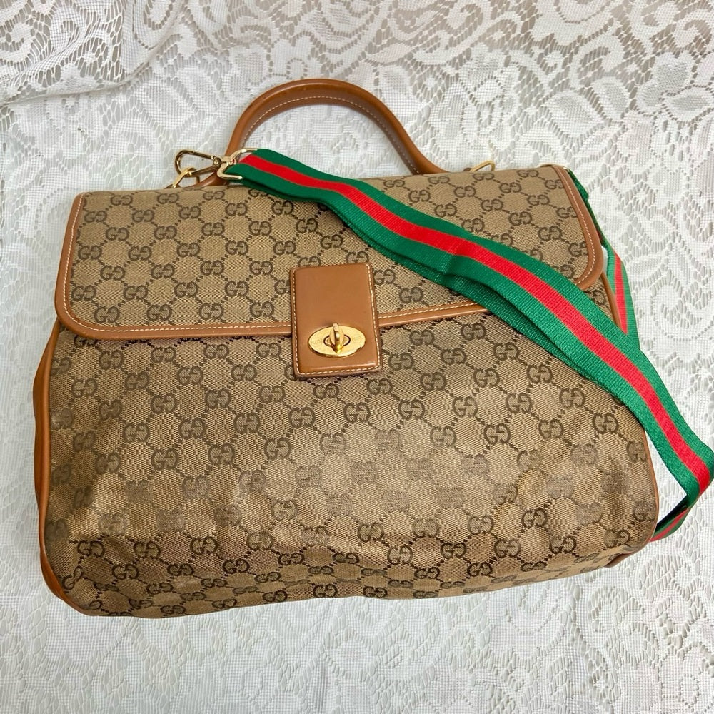 Vintage Gucci Brown Coated Canvas Laptop Document -Briefcase Bag 12inx11inx5in