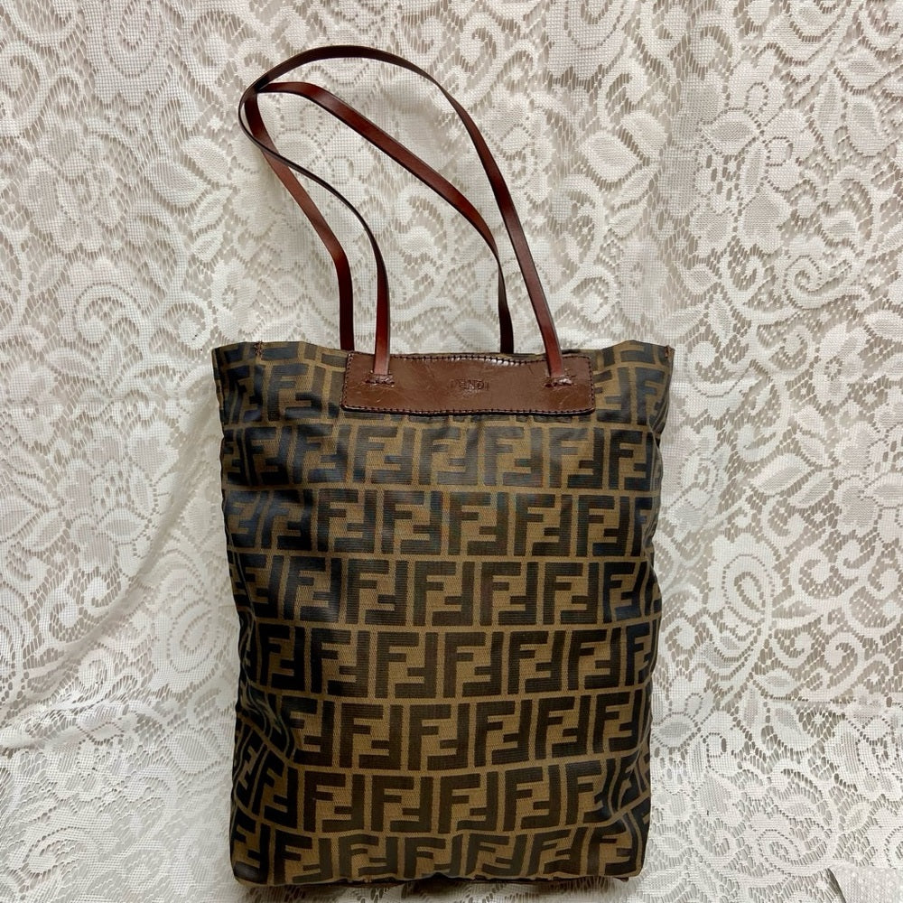 Vintage Fendi Zucca Brown Canvas Tote Hand Bag 14in x 13in x 4in