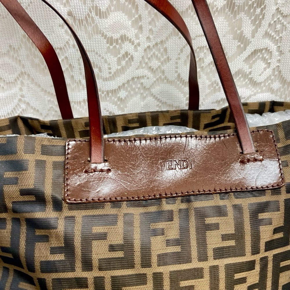 Vintage Fendi Zucca Brown Canvas Tote Hand Bag 14in x 13in x 4in