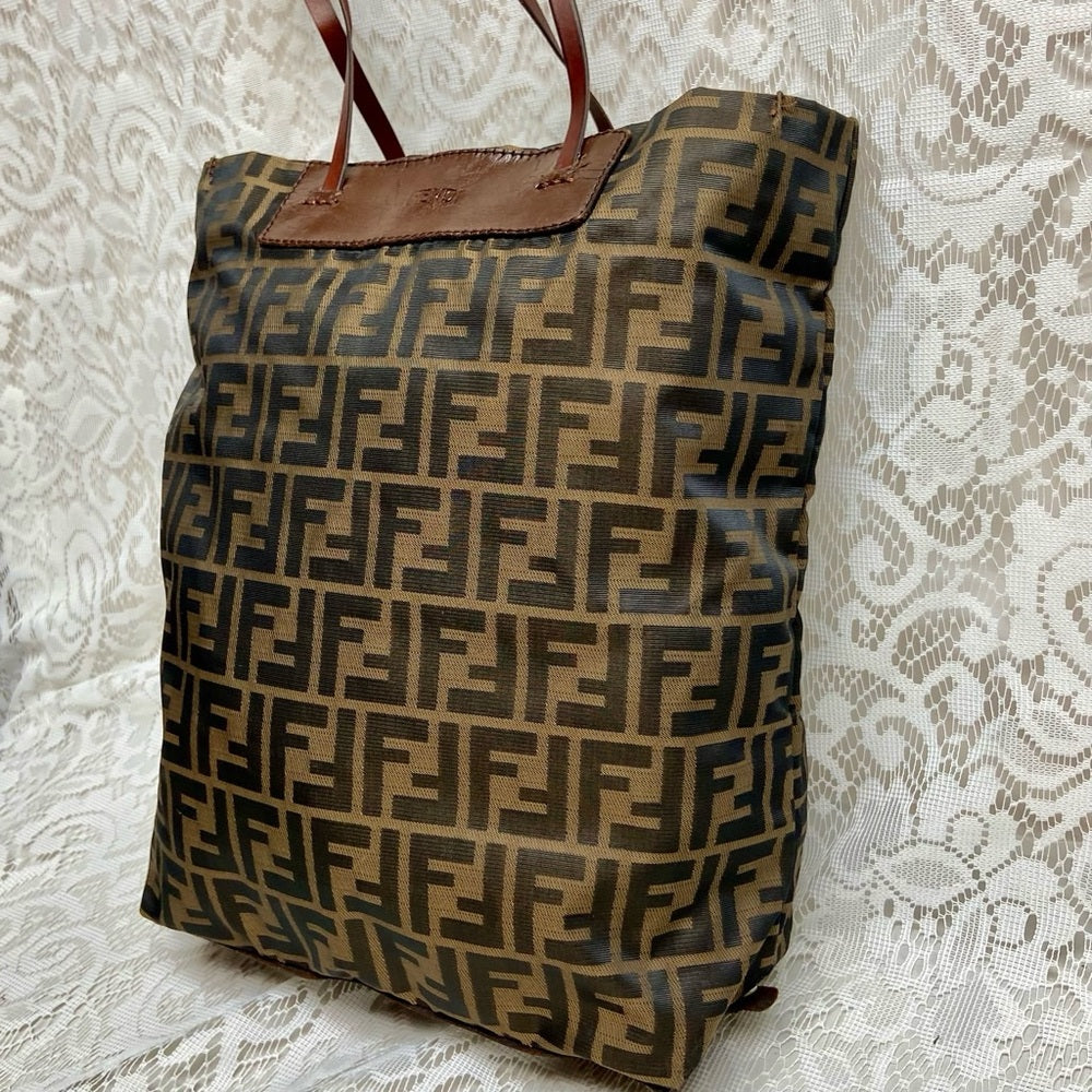 Vintage Fendi Zucca Brown Canvas Tote Hand Bag 14in x 13in x 4in