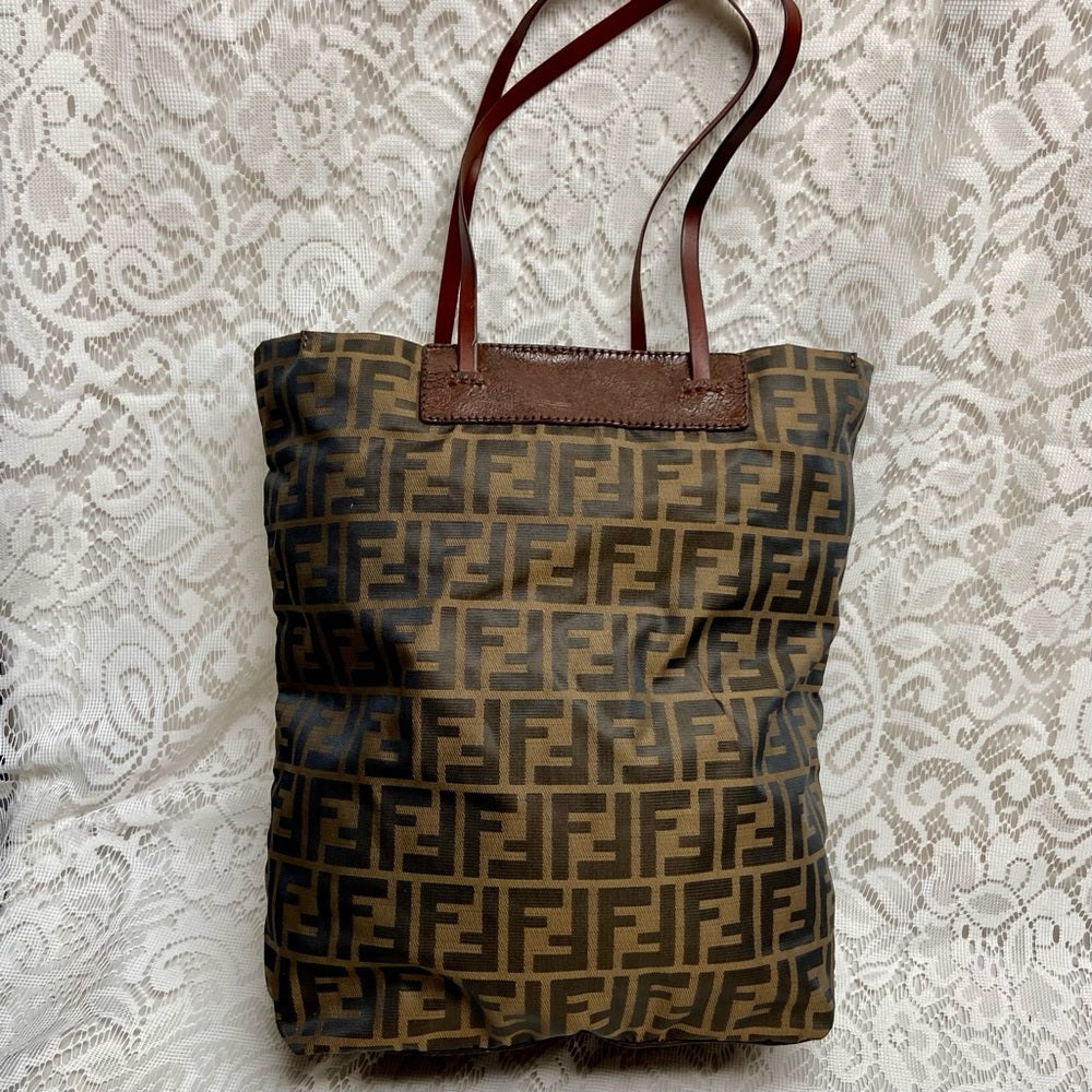 Vintage Fendi Zucca Brown Canvas Tote Hand Bag 14in x 13in x 4in