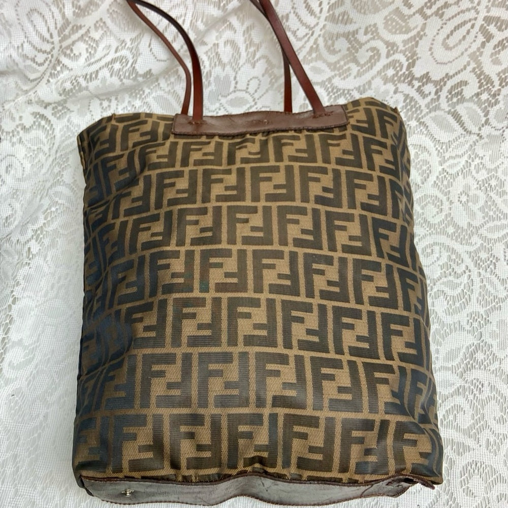 Vintage Fendi Zucca Brown Canvas Tote Hand Bag 14in x 13in x 4in