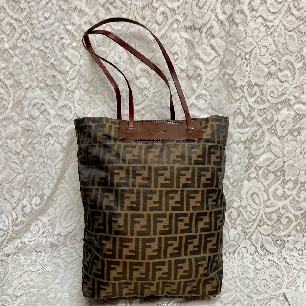 Vintage Fendi Zucca Brown Canvas Tote Hand Bag 14in x 13in x 4in