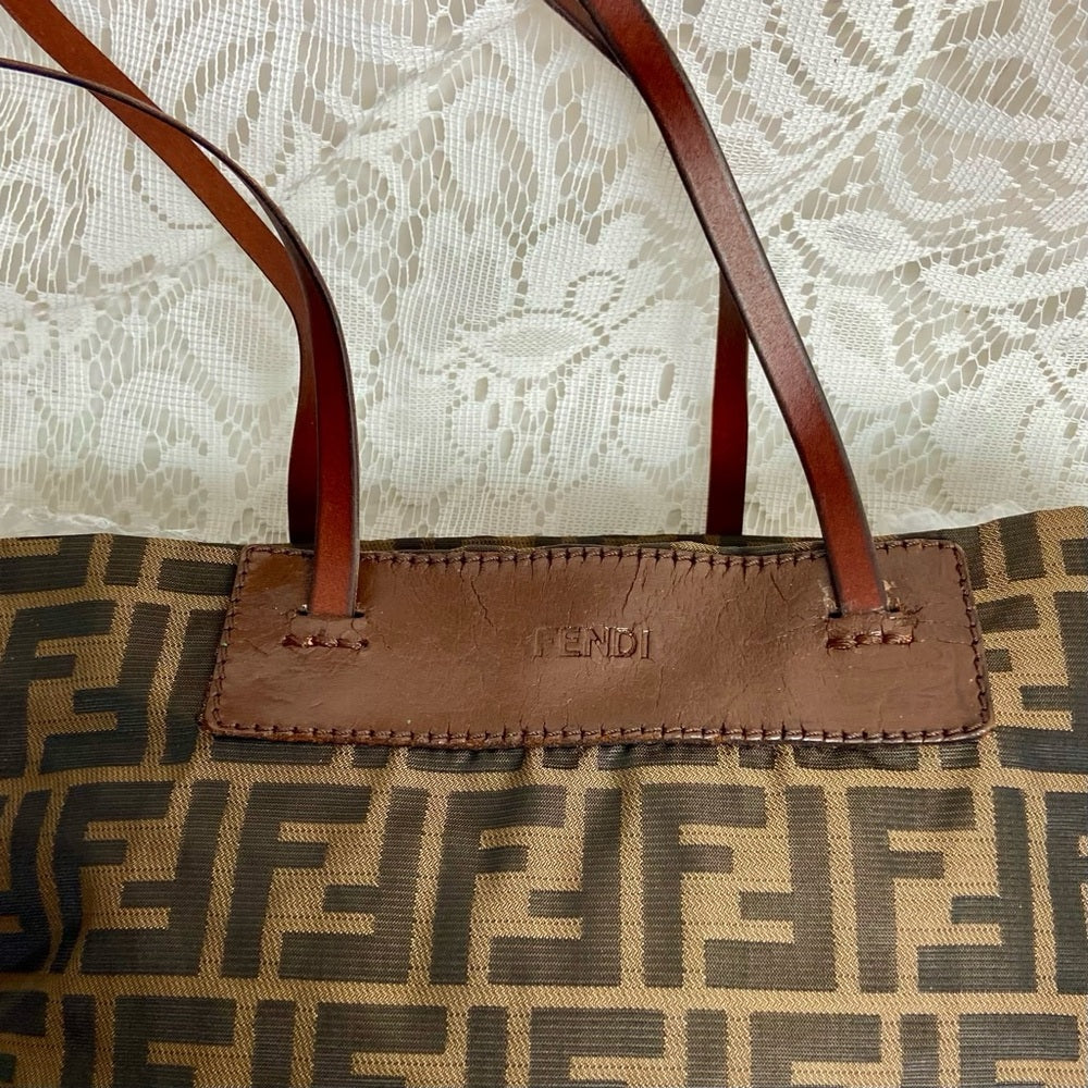 Vintage Fendi Zucca Brown Canvas Tote Hand Bag 14in x 13in x 4in