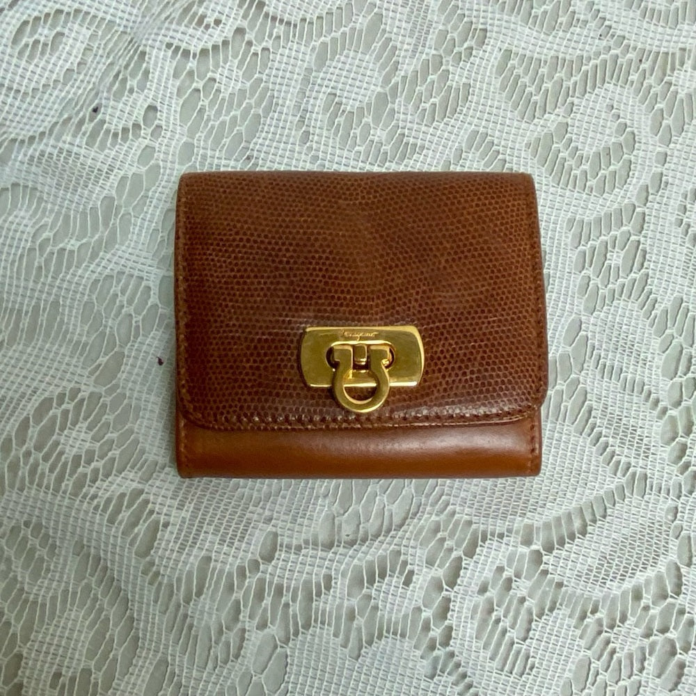 Vintage, Salvatore Ferragamo, Rare, Tan Brown Reptile Wallet 3.5in x 3In