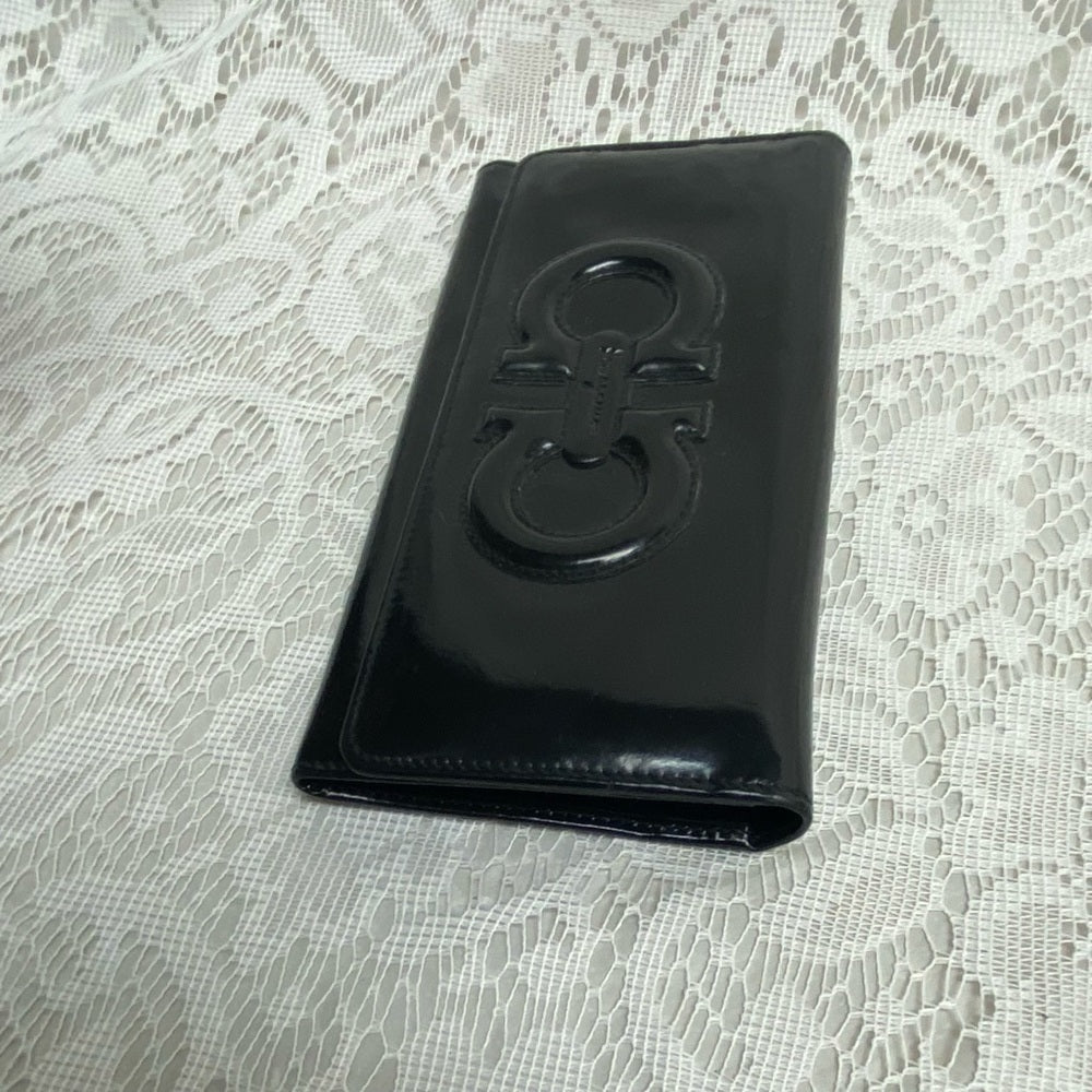 Vintage, Salvatore Ferragamo Black Enamel, Bifold, Long Wallet 7.5 x 4in