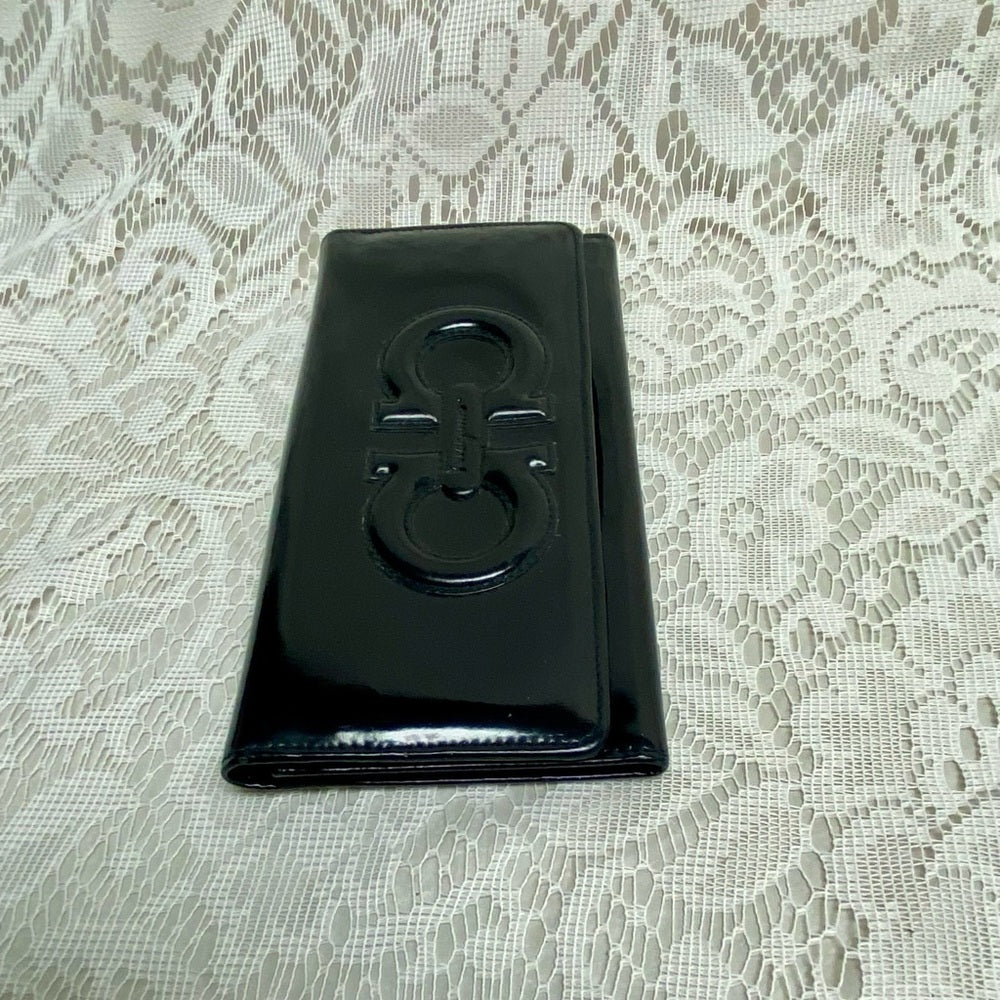 Vintage, Salvatore Ferragamo Black Enamel, Bifold, Long Wallet 7.5 x 4in