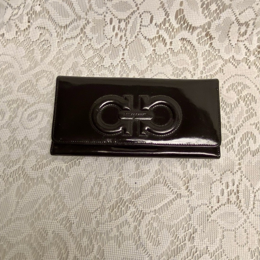 Vintage, Salvatore Ferragamo Black Enamel, Bifold, Long Wallet 7.5 x 4in