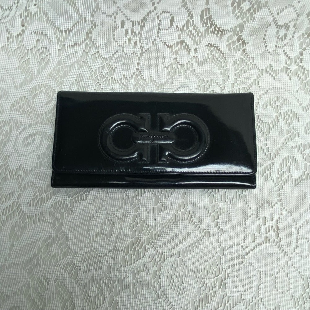 Vintage, Salvatore Ferragamo Black Enamel, Bifold, Long Wallet 7.5 x 4in